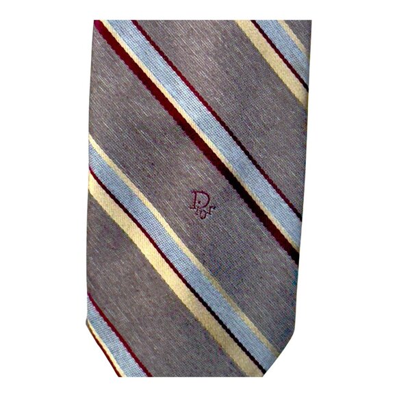 Vintage Christian Dior Striped Silk Tie Gray W/ Burgundy & Blue Accents - Picture 5 of 7
